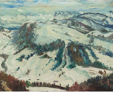 Unbekannt55 x 69 cm, R.Berglandschaft, 1932 Öl auf Leinwand. In Bleistift mittig unleserlich signiert und datiert.Nachlass Pf