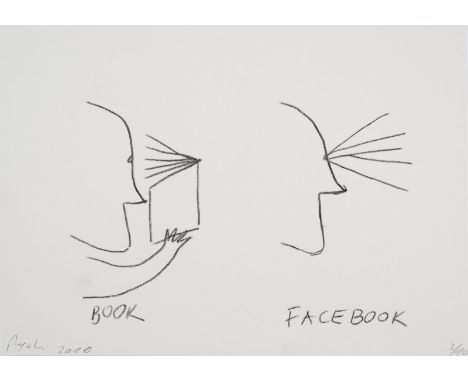 Perjovschi, DanSibu, geboren 1961Blattgröße: 21 x 29,6 cm, o. R."Book Facebook", 2010. Lithografie auf Papier. In Bleistift u