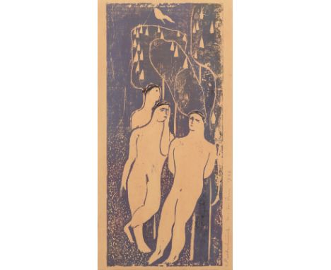 Wörn, WalterStuttgart, 1901 - 196340,5 x 18 cm, R."Menschen im Garten", 1946. Farblinolschnitt auf Papier. In Tinte unten rec
