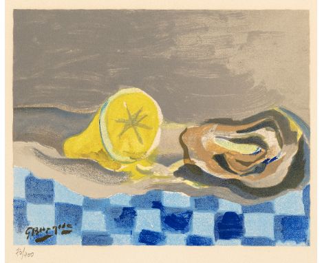 Braque, GeorgesArgenteuil, 1881 - Paris, 1963Blattgröße: 36 x 45 cm; 18,5 x 23 cm, o. R."Huître et citron", um 1955. Farblith