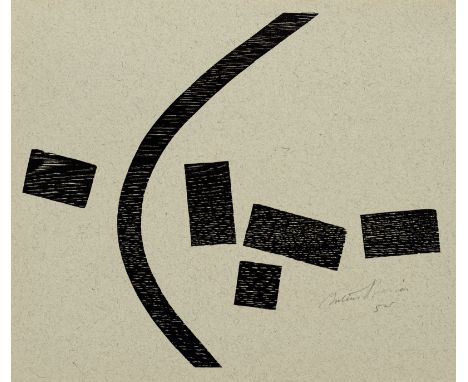Bissier, JuliusFreiburg, 1893 - Ascona, 196525 x 18,6 cm, o. R.Ohne Titel, 1954. Holzschnitt auf grauem Papier. In Bleistift 