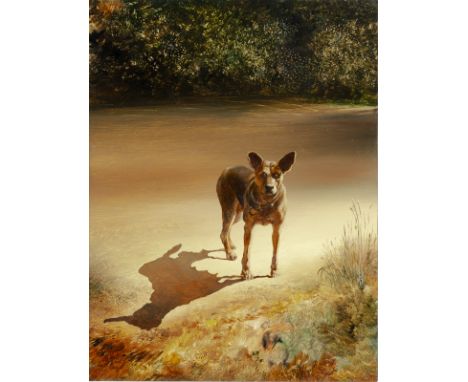 Chef, GeniaAktjubinsk/UDSSR, geboren 195424,5 x 18 cm, R."The dog", 2006. Öl auf Holz. In Tusche rückseitig auf einem Etikett