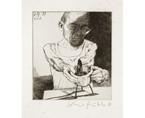 Grützke, JohannesBerlin, 1937 - 2017Blattgröße: 37,5 x 30,2 cm; 16,5 x 14,8 cm, o. R.Der Gefäßchirurg, 1988. Radierung auf Bü