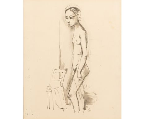 Hofer, KarlKarlsruhe, 1878 - Berlin, 195562 x 44 cm, R.Weiblicher Akt mit Stuhl. Lavierte Tuschfederzeichnung auf festem Papi