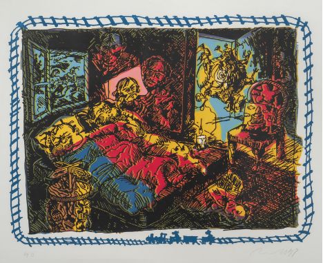 Immendorff, JörgBleckede bei Lüneburg, 1945 - Düsseldorf, 2007Blattgröße: 72 x 89 cm; 60 x 78,5 cm, R."Surrealistisches Tribu