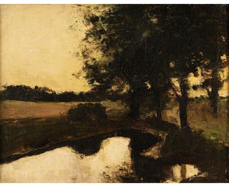 Ury, LesserBirnbaum, 1861 - Berlin, 193141,4 x 53 cm, R."Tümpel am Waldrand im Gegenlicht", 1890er Jahre. Öl auf Leinwand. In