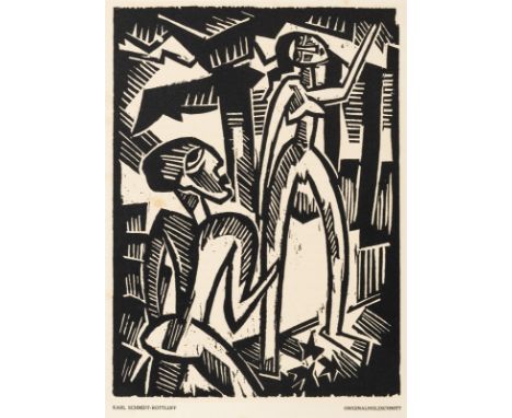 Schmidt-Rottluff, KarlRottluff, 1884 - Berlin, 1976Blattgröße: 28 x 20,5 cm; 20 x 15 cm, o. R."Menschenpaar", 1917/1918. Holz