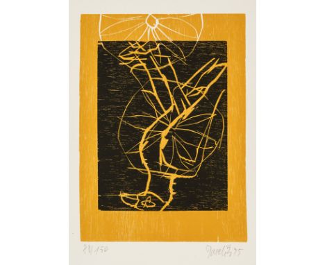Baselitz, GeorgDeutschbaselitz, geboren 1938Blattgröße: 56 x 38 cm; 32 x 23,5 cm, o. R.Adler, 1995. Farbholzschnitt auf Japan