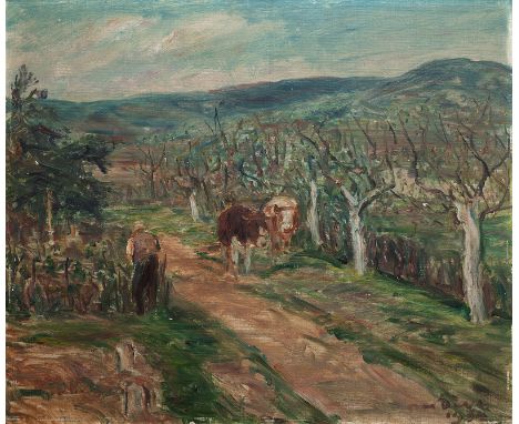 Dill, OttoNeustadt, 1884 - Bad Dürkheim, 195749 x 59 cm, R.Frühlingslandschaft mit Bauer und Ochsen, 1934. Öl auf Hartfaserpl