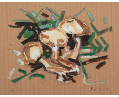 Fleck, RalphFreiburg/Breisgau, geboren 195139 x 49 cm, R."Pilze I", 1986. Öl und Bleistift auf braunem Papier. In Bleistift u