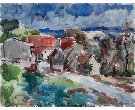 Henninger, ManfredBacknang, 1894 - Stuttgart, 198650 x 65 cm, R.Häuser in Landschaft, Aquarell auf Bütten. In Bleistift unten