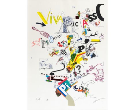 Tinguely, JeanBasel, 1925 - Bern, 1991Blattgröße: 76 x 56 cm, R."Viva Picasso", ca. 1973. Farbserigraphie auf festem Papier. 