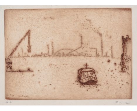 Music, ZoranGörz, 1909 - Venedig, 2005Blattgröße: 50,5 x 28,7 cm; 28 x 38 cm,  o. R.Hafenansicht, 1963. Radierung in Braun au