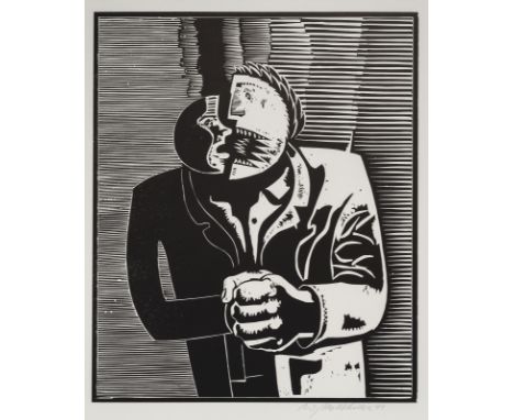 Mattheuer, WolfgangReichenbach, geboren 1927Blattgröße: 76,5 x 64 cm; 55 x 45 cm, o. R.Zwiespalt, 1979.  Holzschnitt auf Bütt