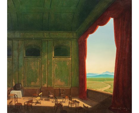 Kolpanowicz, MarcinKrakau, geboren 196349,5 x 54 cm, R."Welttheater II", 1993. Öl auf Hartfaserplatte. In Öl unten rechts sig