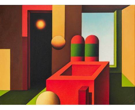 Bujuklijski, DimiterSofia, geboren 194340 x 54 cm, R."Komposition V", 1981. Öl auf Leinwand. In schwarzer Kreide rückseitig a