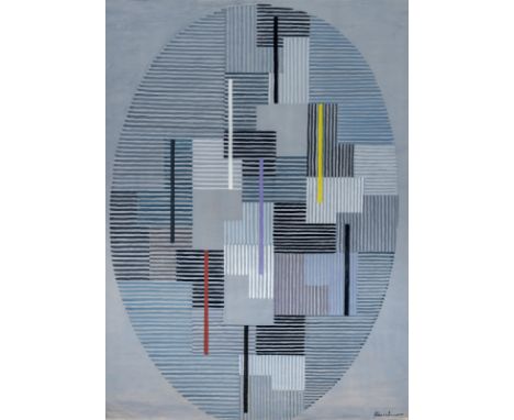 Fleischmann, AdolfEsslingen, 1892 - Stuttgart, 196862,5 x 46 cm, R.Komposition auf Grau, 1950. Gouache auf Papier. In Gouache