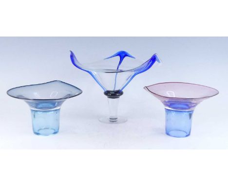 A Stephen Gillies and Kates Jones studio glass bowl, contemporary, freeform with blue ribbons, signed to the foot, h.21cm, to