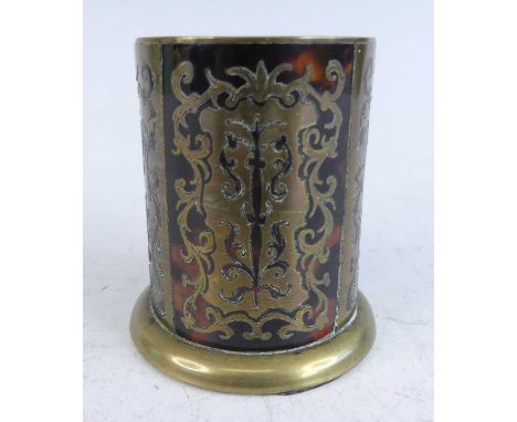 An early 20th century Asprey of London boullework decorated cylindrical pen holder, typically floral pierced and stylised dec