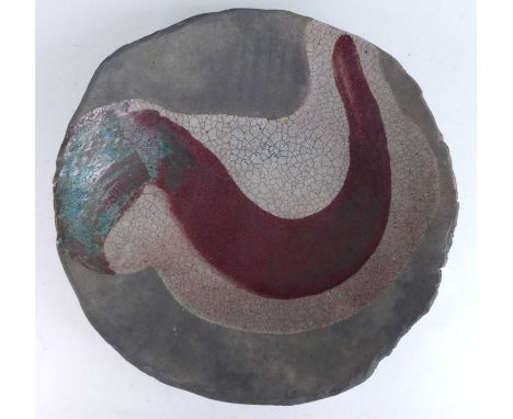 Christa Maria Herrmann (b.1945) - a large ceramic Raku bowl, of shallow form, crackle glazed with band of colour to centre, i