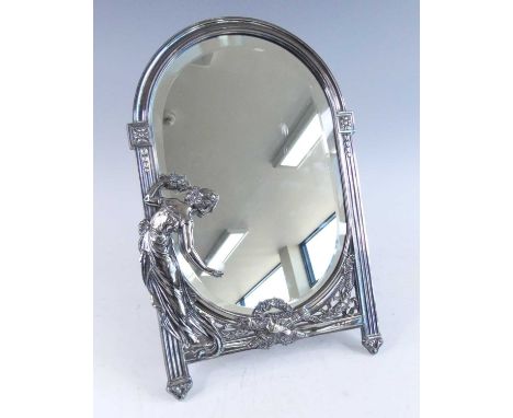 A WMF Art Nouveau silver plated easel dressing mirror, the bevelled plate within an arched frame decorated with robed standin