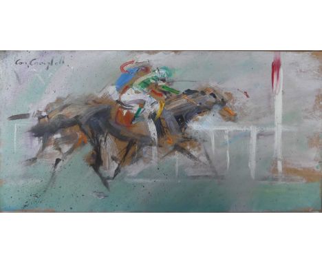 Con Campbell (b.1946) - Three racing studies, being; At the Finish Line, Galloping, and Carriage-driving, oil on composite wo