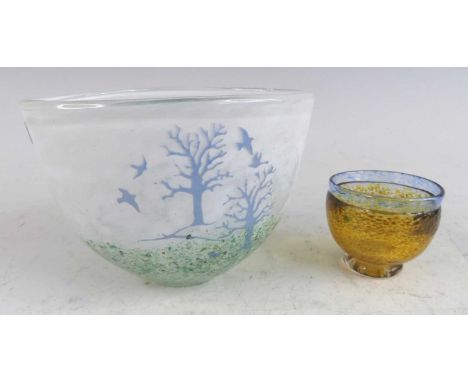 Kosta Boda - an October series art glass iridescent bowl, decorated with trees and birds within a grassy landscape, original 