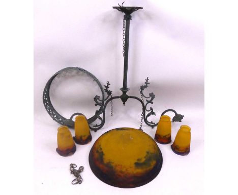 Muller Frerès Luneville - an Art Deco iridescent glass chandelier, of typical domed form, with acid etched signature, dia.43c