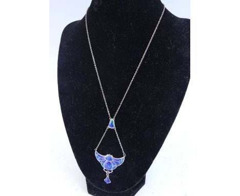 Charles Horner - an Art Nouveau silver and enamel pendant, of sectional bat design, suspended on a finelink metal neck chain,