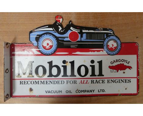 An enamel on metal wall-mounted double-sided advertising sign for Mobiloil, 'recommended for all race engines, Vacuum Oil Com