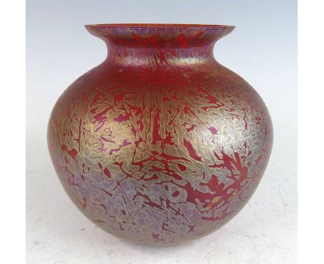 A Royal Brierley ruby iridescent glass studio vase, the flaring rim over bulbous body, acid etched mark verso, h.16cm 