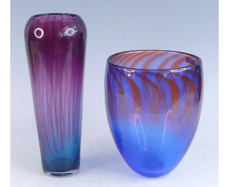 A Rebecca Morgan blue and red studio glass vase, contemporary, of tapered form, signed to the foot, h.22cm, together with ano