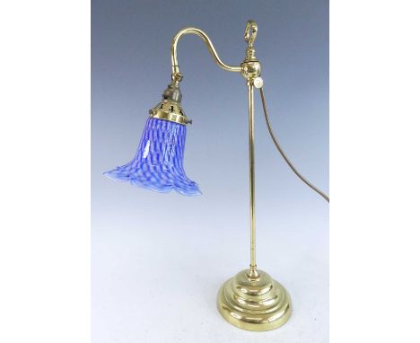 A contemporary lacquered tubular brass table lamp by Christopher Wray, having adjustable rise-and-fall action, hinged blue ca