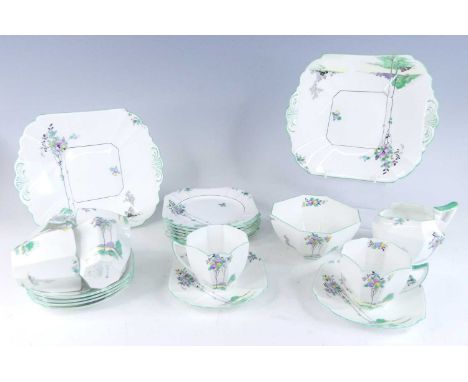 A collection of Art Deco Shelley bone china Tall Trees pattern tea wares, to include a pair of sandwich plates, w.24.4cm, six