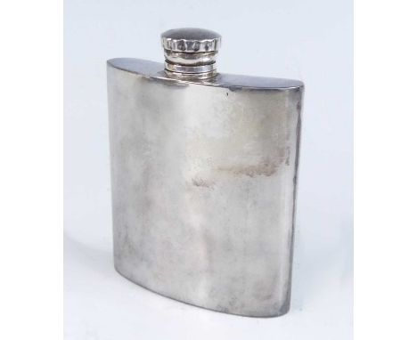 A mid-20th century sterling silver hip flask, of classic curved rectangular form with twist-off stopper, marked 'SILVER 925' 