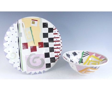 Peter Ting - a large Tingware ceramic circular footed platter, abstract bright colour block decorated, printed mark verso, di