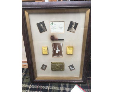 WWI Princess Mary tobacco tin with cigarette packet, tobacco packet, photograph, pipe, Christmas card and further photographs