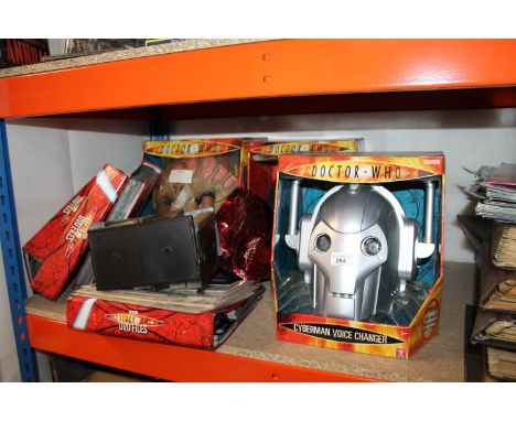 Doctor Who. Shelf of collectables to include boxed Judoon Trooper Sound FX Helmet, Dalek Sec Hybrid Voice Changer Mask, Cyber