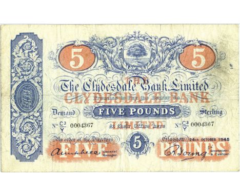 THE CLYDESDALE BANK LIMITED five pound £5 banknote 24th October 1945, Mitchell and Young, C3/Y 0004367, F, SC305d. ex Thomson
