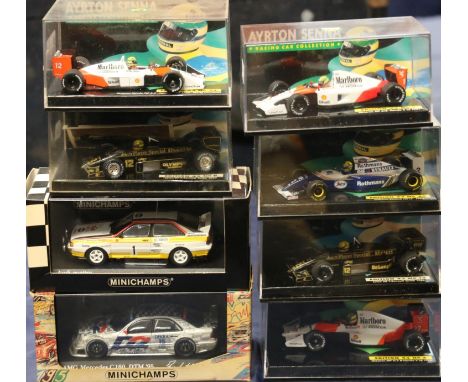 Pauls Model Art Minichamps, six Ayrton Senna Racing Car Collection 1:43 scale models including 884392 McLaren Honda MP4-4 Jap