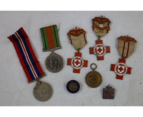 WWII war medal and defence medal, British Red Cross Society enamel and other badges [E MCGUFFIE], On War Service 1914 enamel 