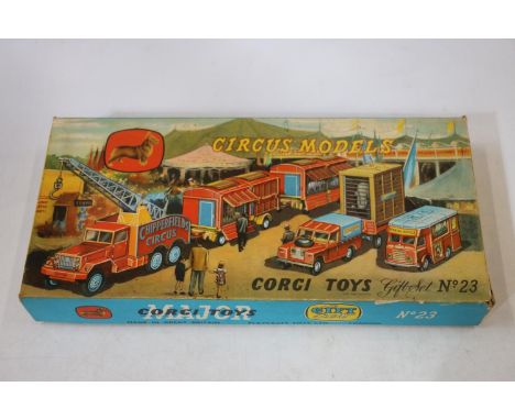 Corgi die-cast Gift Set No23 Chipperfields Circus models including Smiths Carrier Van, International 6x6 Truck, Circus Animal