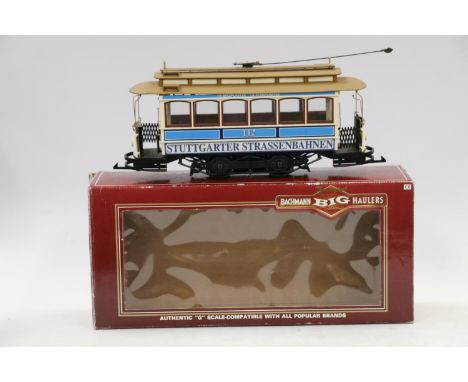 Bachmann Big Haulers G gauge model railways, 39-100 motorised tram car #14 Electrische Trambahn Munchen blue, white and yello