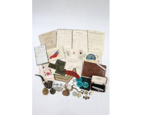 Boer War Prisoner of War carved pipe, a grouse foot brooch, cap badges including Seaforth Highlanders and Royal Engineers, do