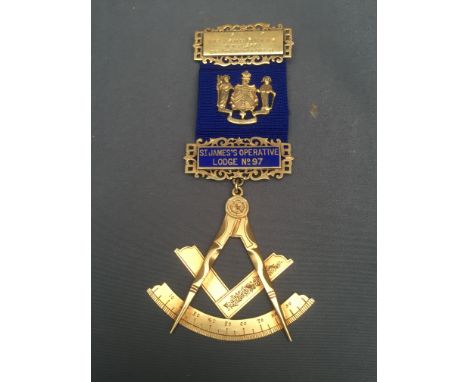 Masonic jewel in the form of a compass and square with two marks 'G.P. and 9c', 16g on a blue ribbon with mounts 'Presented t