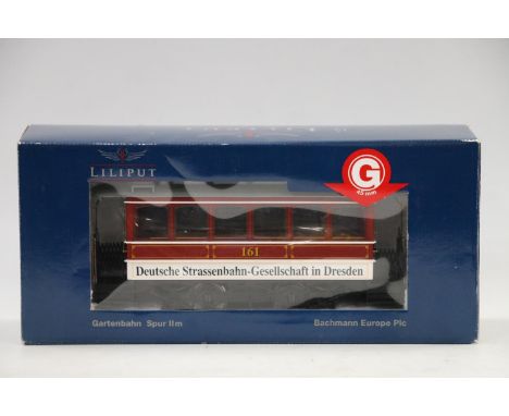 Bachmann Liliput G gauge model railways, two L193501 motorised tram cars #161 Deutsche Strassenbahn Gesellschaft in Dresden, 