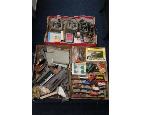 OO gauge model railways accessories to include rolling stock, diorama layout building, tress etc., power units, controllers e