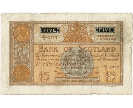 BANK OF SCOTLAND five pound £5 banknote 11th August 1944, Elphinstone and Crawford, 11/R 6320, F+, SC112c.  BANK OF SCOTLAND 