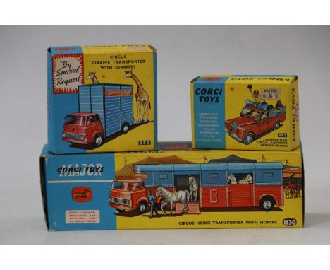 Corgi Toys die-cast models including 1130 Circus Horse Transporter with Horses, 503 Circus Giraffe Transporter with Giraffes 