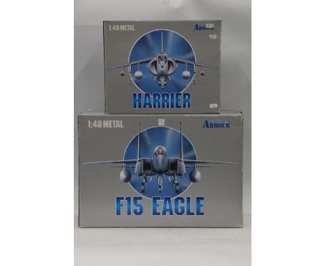 Franklin Mint 1:48 scale aeroplane models including 98049 F15 C Eagle US Air Force and 98118 Harrier AV8 B US Marines, both b